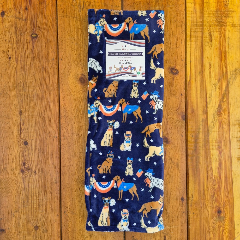 RJ Home Patriotic Dogs Plush Flannel Throw Blanket Navy Blue 50x70 4th of July